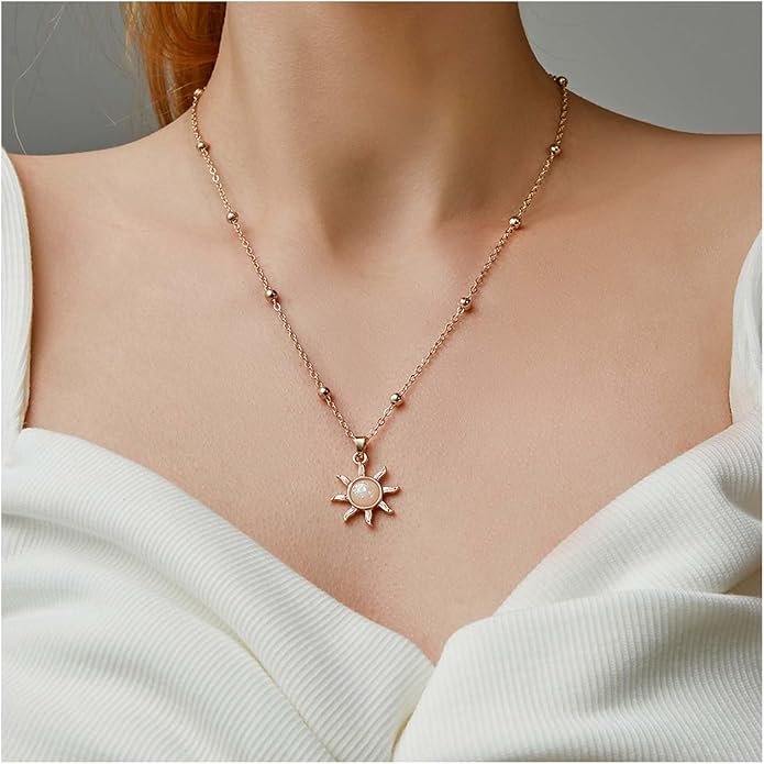 Vintage Opal Crystal Sun Pendent Necklace Opal Sunburst Necklace Moonstone Sun Choker Necklace Gold Ball Chain Necklace Jewelry for Women (Gold)-Velvo Beauty
