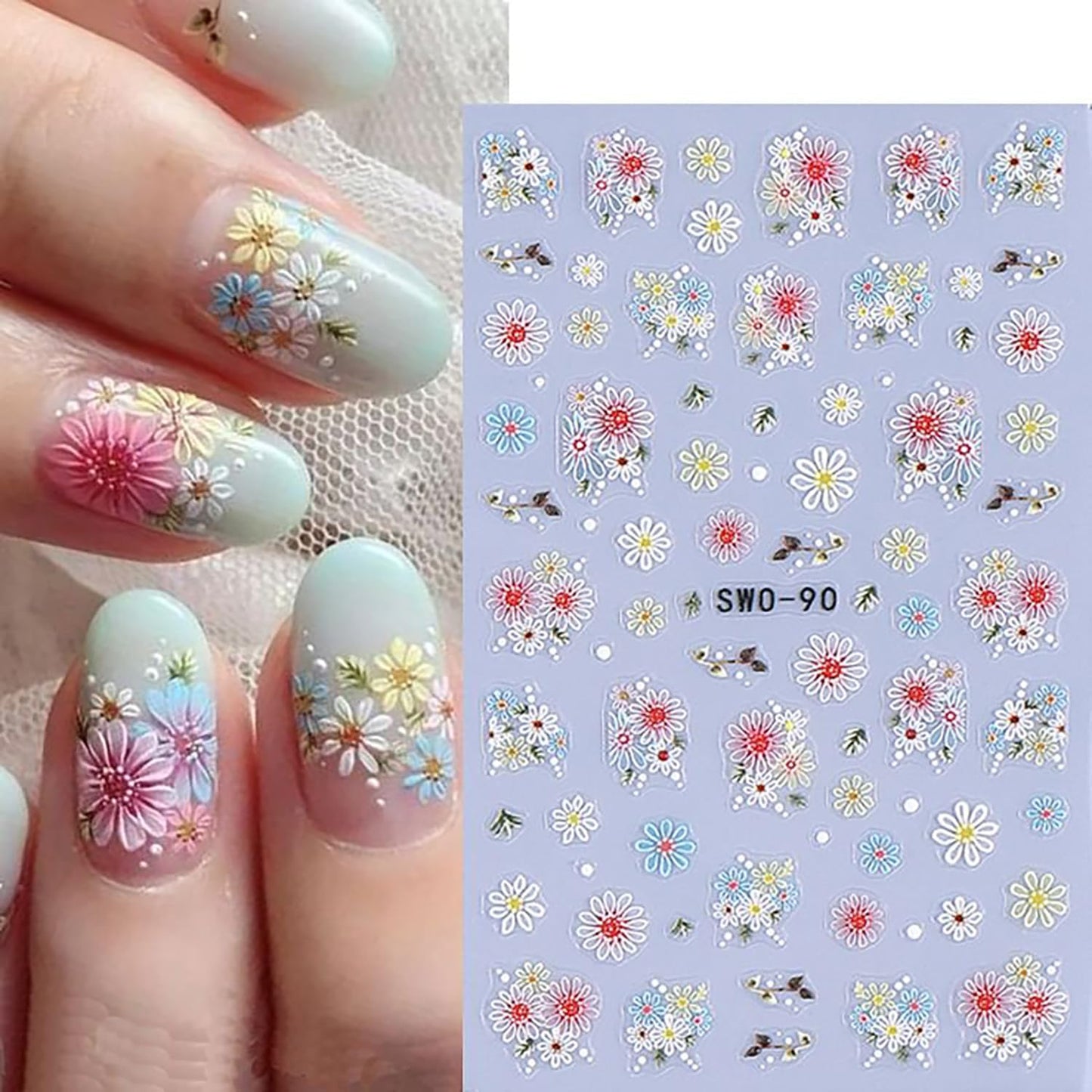 4 Sheets Flower Nail Art Stickers 3D Self-Adhesive Blossom Nails Sticker Spring Nail Art Decals Holographic Daisy Nails Decal Decoration for Women Colorful Flowers Manicure DIY Nail Supplies-Velvo Beauty
