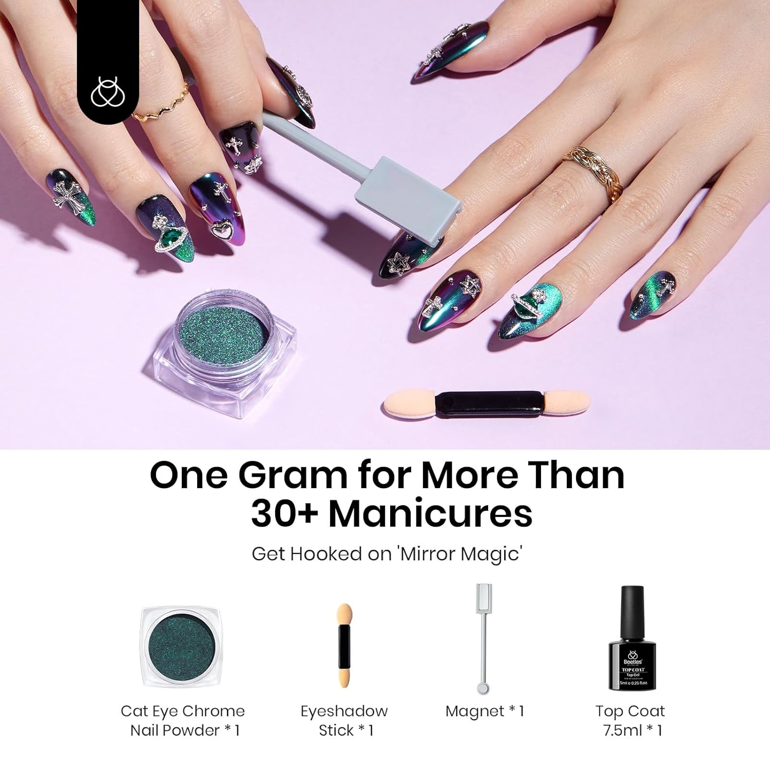 Beetles Cat Eye Chrome Nail Powder Set, 2 in 1 Holographic Metallic Mirror Effect Chameleon Galaxy Powder with No Wipe UV Gel Top Coat Magnet for Velvet Metallic Nail Art-Velvo Beauty