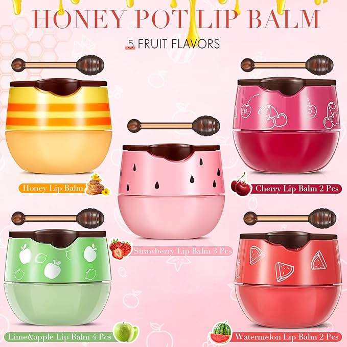 12 Pcs Bee Lip Balm Honey Pot with Brush Propolis Lip Mask Overnight, Moisturizing Hydrating Lip Sleeping Mask Prevention Dry and Cracked(Honey+Strawberry+Watermelon+Apple Lime+Cherry)-Velvo Beauty