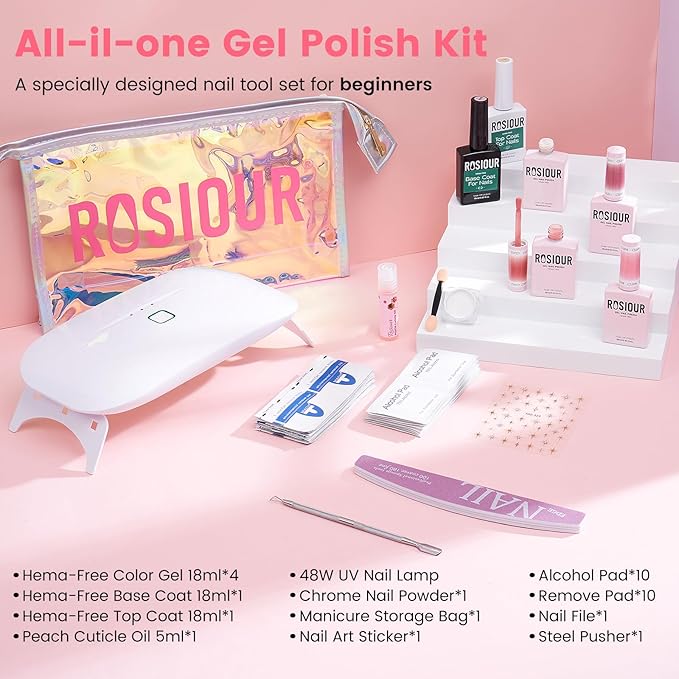 Jelly Gel Nail Polish Kit with U V Light, Hema-Free Milky Nude Sheer White Pink Gliter Gel Polish Set with Base & Top Coat Chrome Nail Powder, 4 Colors Mini Salon Nail Art Starter Gift for Women Girl-Velvo Beauty