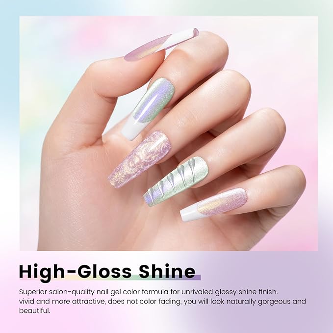 RARJSM Sparkle Diamond Pearl Cat Eye Gel Nail Polish Set 6pcs Velvet Silver Shimmer Pink Green Blue Purple White Glitter Mermaid Swirl Shell Thread Effect with Magnet Stick UV LED Curing Requires-Velvo Beauty