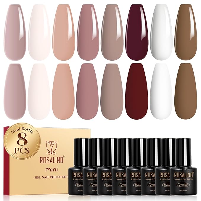 ROSALIND Nude Brown Gel Nail Polish Set, 8 Colors White Nude Brown Gel Polish, Beige Tan Caramel Coffee Gel Polish Collection Nail Art Gift DIY at Home-Velvo Beauty