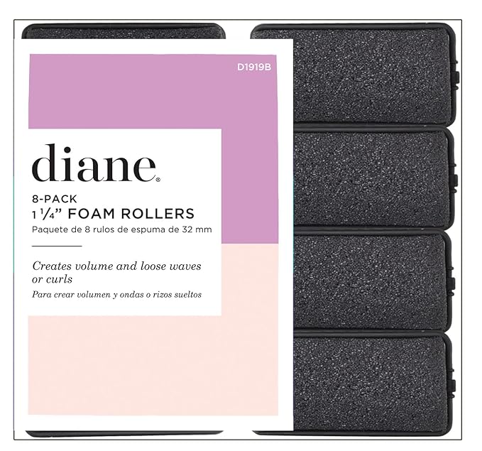 Diane Foam Hair Rollers, 1.25-Inch Diameter, Soft and Durable Foam with Snap-Lock Closure for Comfortable Styling and Long-Lasting Curls, Black, 8 Count-Velvo Beauty