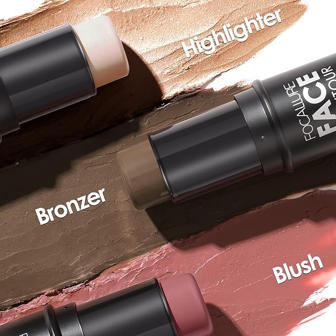 FOCALLURE 3 Pcs Cream Contour Sticks,Shades with Highlighter & Bronzer & Blush,Non-greasy Long-wear Face Contouring Pen,Easy to Sculpt the Face and Create a Lightweight Finishing Makeup,DEEP-Velvo Beauty