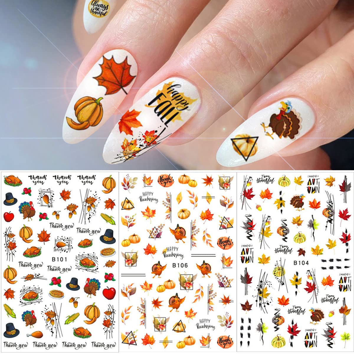 12 Sheets Fall Nail Art Stickers 3D Autumn Leaves Nail Decals Self-Adhesive Thanksgiving Nail Art Accessories Foils Maple Leaf Pumpkin Turkey Nail Designs for Women Girls DIY Manicure Decoration-Velvo Beauty