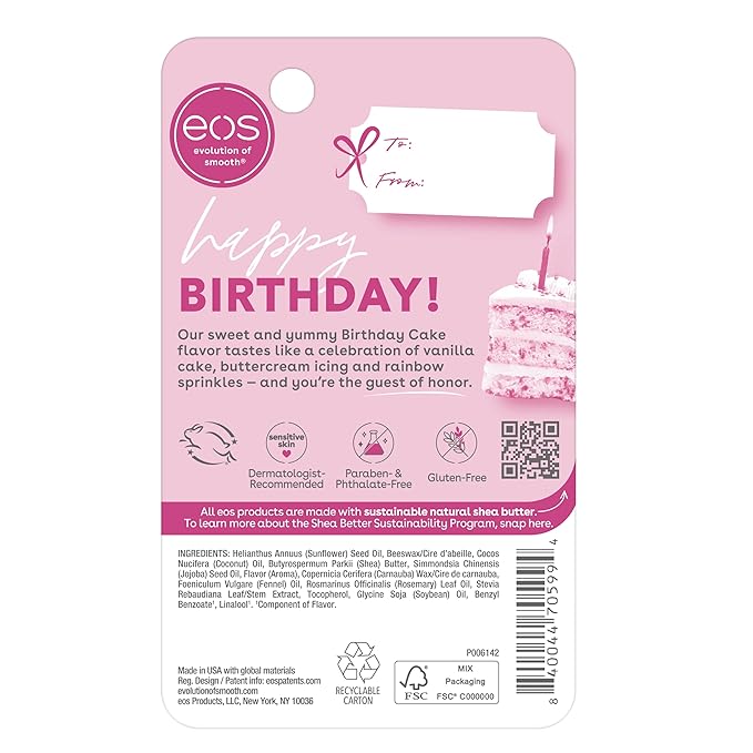 eos Natural Shea Lip Balm- Birthday Cake, All-Day Moisture Lip Care Products, 0.14 oz-Velvo Beauty