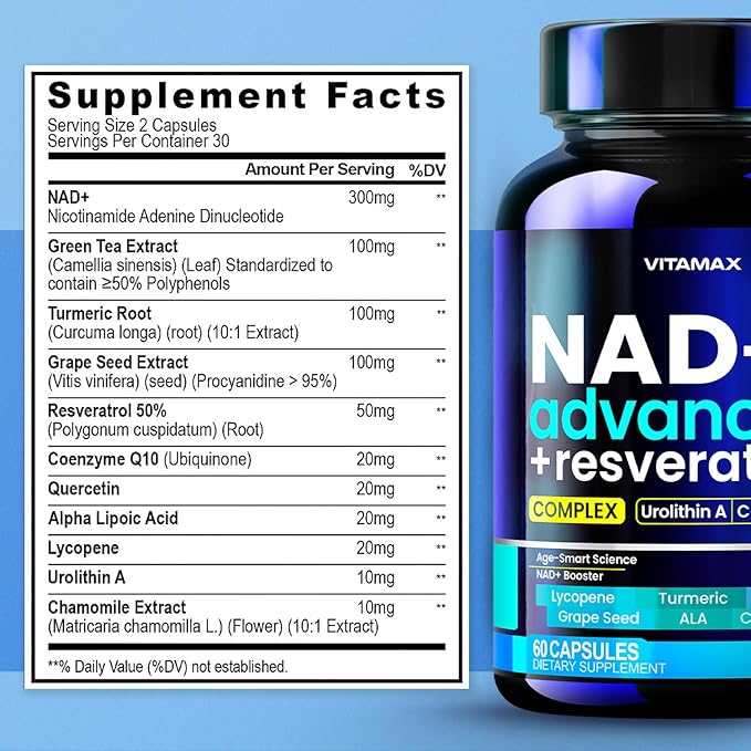 NAD Supplement Extra Strength - Liposomal + Resveratrol for Women & Men, CoQ10, Alpha Lipoic Acid, Green Tea, Quercetin, Urolithin A, Lycopene – High Purity Anti-Aging, Energy & Regeneration – 60ct-Velvo Beauty