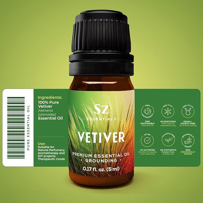 Vetiver Essential Oil - 100% Pure, Premium & Natural - Undiluted - Sweet, Earthy, Woody and Grassy Scent with Smoky grounding Undertones- Therapeutic Grade & Vegan - 1/6 oz. (5 mL)-Velvo Beauty