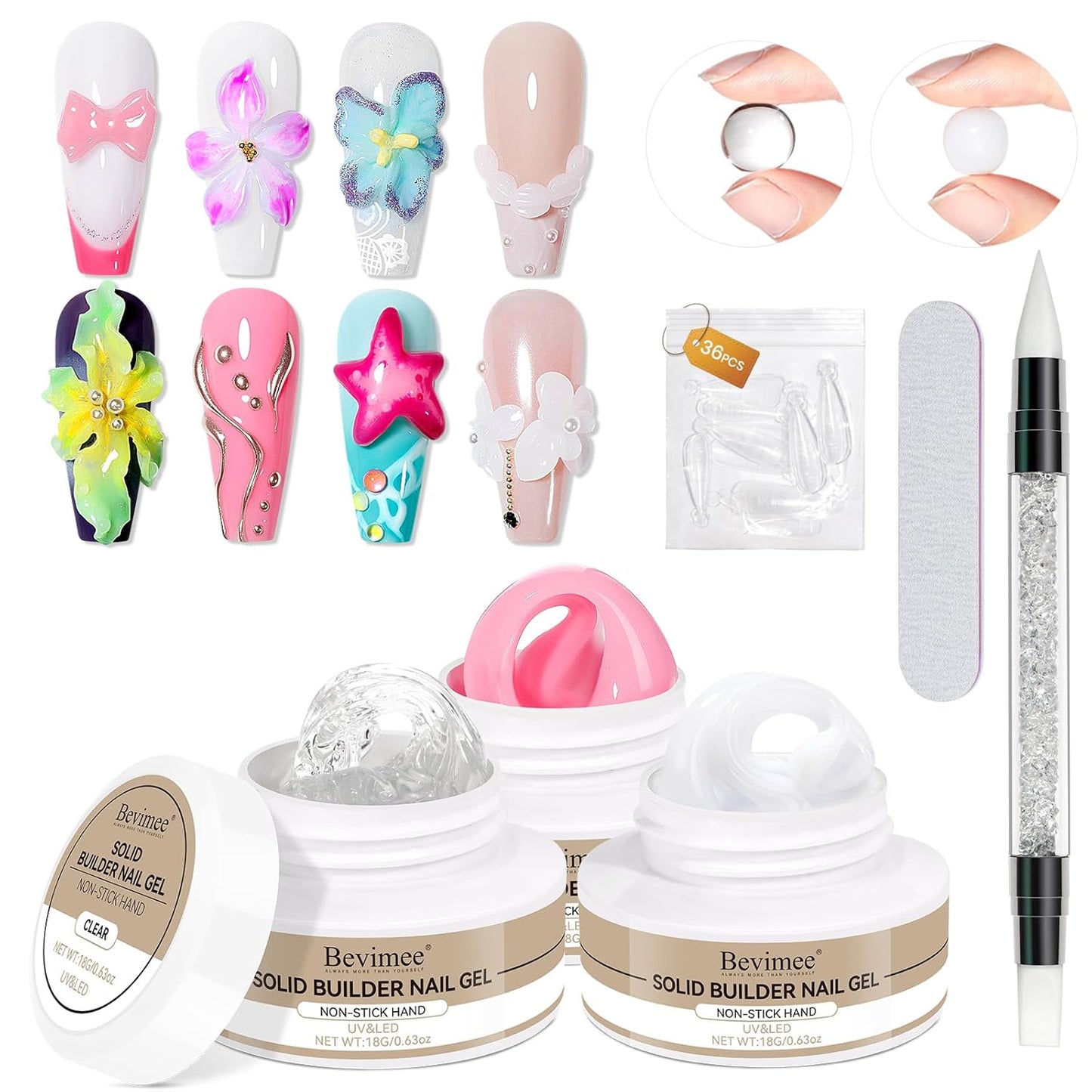 Solid Builder Gel for Nails 3PCS, Clear White Pink 3D Sculpting Hard Gel for Nail Art Non-Stick Hand, for Modeling, Sculpture, Nail Extension UV/Led Manicure DIY At Home 18g*3Colors-Velvo Beauty