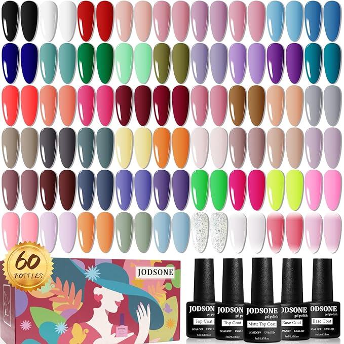 JODSONE 60 PCS Gel Nail Polish Set with 5 Bottles of Base and Glossy Matte Top Coat Soak off Gel Nail Set Suitable for All Seasons Gifts-Velvo Beauty
