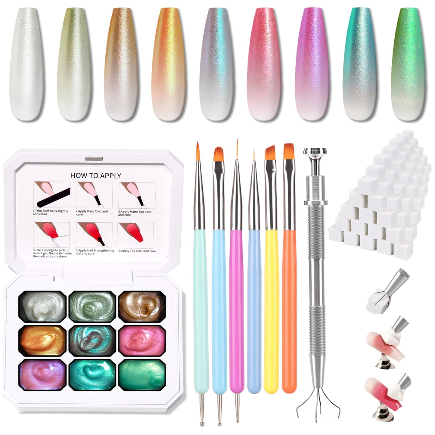 Sponge Pat Paint Nail Gel & Tools Kit, 9 Colors Ombre Nails Gradient Gel Nail Blush Blooming Aura Nails Drawing Stripper Floral Painting Nail Art, No Wipe, UV/LED Curing (9 Colors Set K)-Velvo Beauty