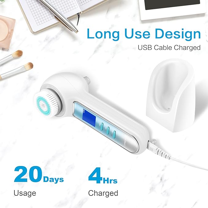 Face Scrubber Exfoliator,Facial Cleansing Brush Waterproof with LCD Screen,Blackhead Remover Vacuum with 5 Brush Heads,Face Spin Brush for Exfoliating (White-Blue)-Velvo Beauty