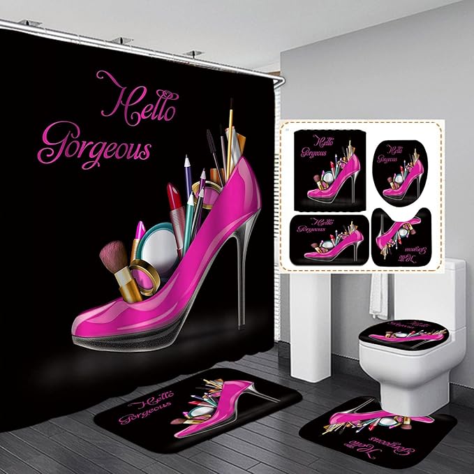 4PCS Hello Gorgeous Shower Curtain Set, Hot Pink High Heels Lipstick Makeup Fashion Girls Women Bathroom Decor, Waterproof Fabric Black Shower Curtain, Non-Slip Bath Mat Toilet Rug, Hot Pink-Velvo Beauty