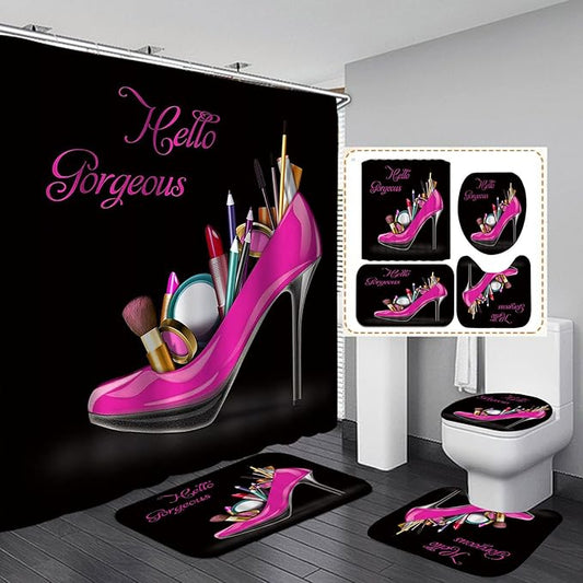 4PCS Hello Gorgeous Shower Curtain Set, Hot Pink High Heels Lipstick Makeup Fashion Girls Women Bathroom Decor, Waterproof Fabric Black Shower Curtain, Non-Slip Bath Mat Toilet Rug, Hot Pink-Velvo Beauty
