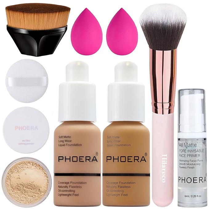 PHOERA Foundation, Full Coverage Foundation, PHOERA Primer, PHOERA Powder, PHOERA Makeup Set, Kabuki Makeup Brushes Foundation Brush Powder Brush,2 Pcs Makeup Sponge (105 Sand+111 Chestnut)-Velvo Beauty