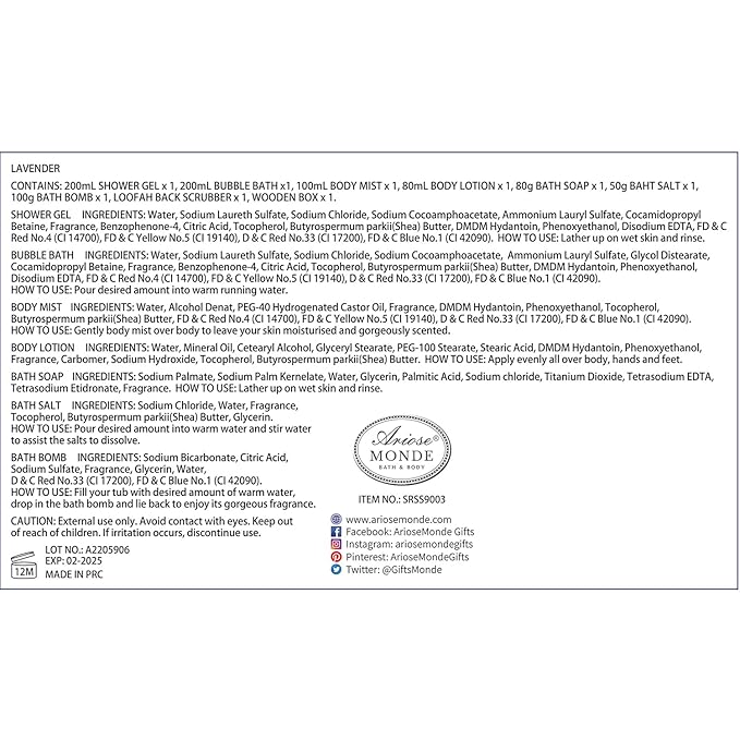 Lavender & Jasmine Scented Spa Gift Set for Women, Includes Body Lotion, Shower Gel, Salts, Bubble Bath, Body Mist, Soap, Bath Bombs-Velvo Beauty