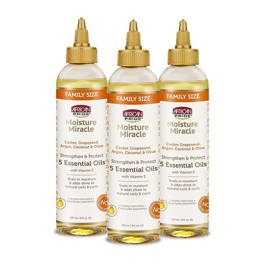 African Pride Moisture Miracle 5 Essential Hair Oils with Vitamin E (3 Pack) | Moisture, Shine, Protection, and Growth | Argan, Castor, Grapeseed, Coconut, and Olive Oil | 8 oz-Velvo Beauty