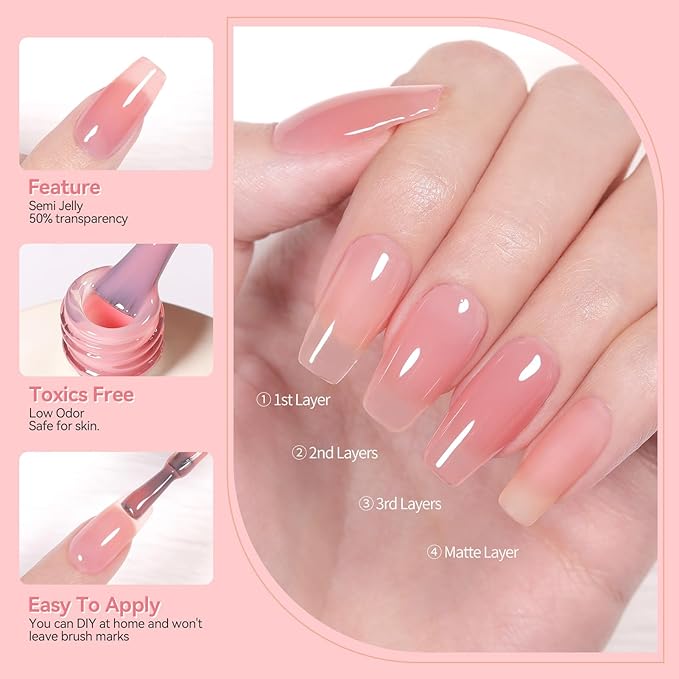 Born Pretty Jelly Pink Gel Nail Polish Nude Pink Sheer Translucent Gel Polish Milky Natural Gel Polish Set Nail Art Manicure DIY Kit Home Salon 6PCS-Velvo Beauty