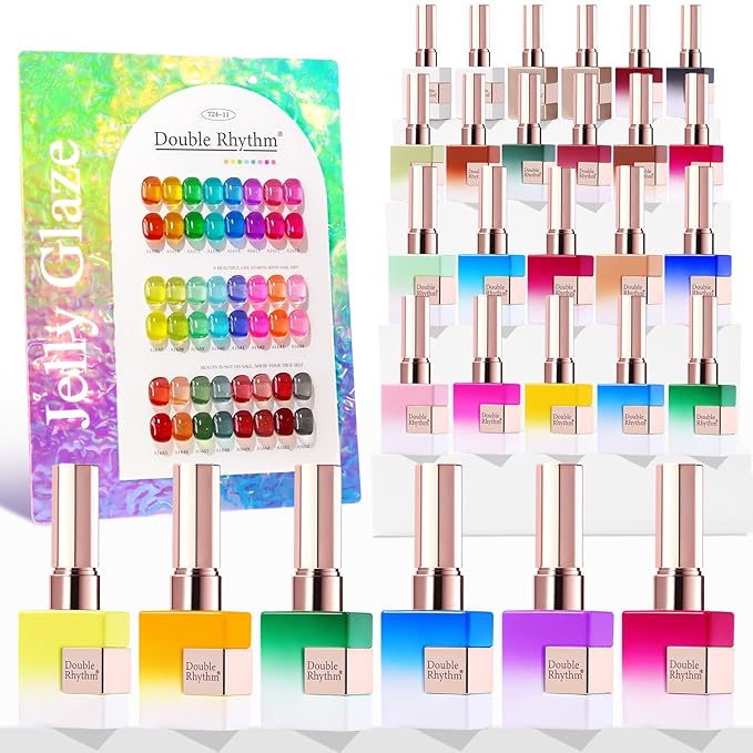 Double Rhythm 28Pcs 0.5Oz Gel Nail Polish Set Same Color Same Bottle Soak Off Gel Polish Kit Nail Art Manicure Salon DIY at Home for Women (Neon Jelly Sheer Collection-T24-11)-Velvo Beauty