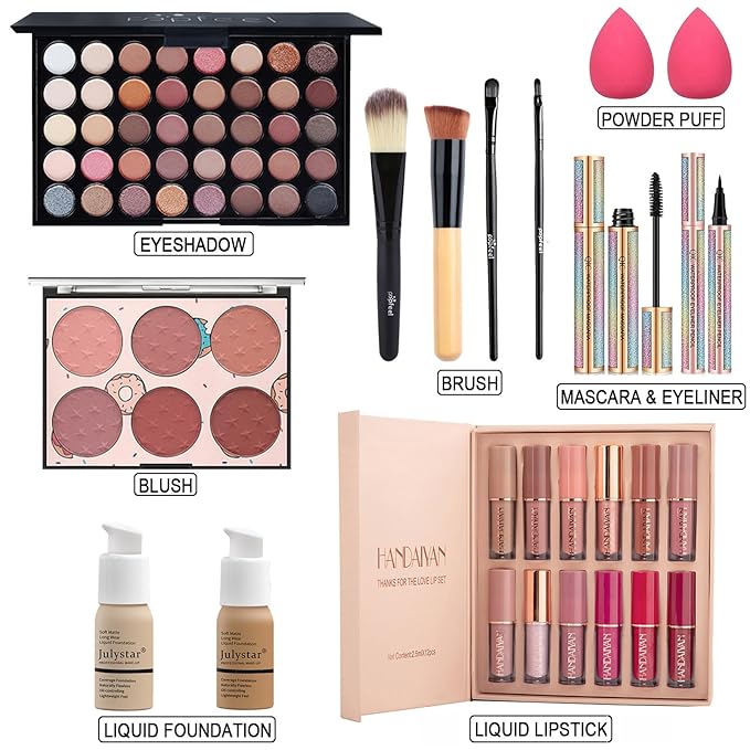 Makeup Kit for Women Full Kit, All in One Makeup Gift Set, Make up Kits for Beginners and Professionals - Eyeshadow Palette, Liquid Lipstick, Mascara, Blush, Eyeliner, Foundation, Brush-Velvo Beauty