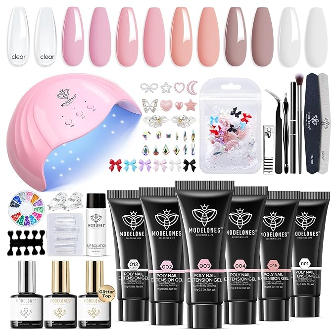Modelones Poly Nail Gel Kit, 6 Colors Poly Extension Gel Clear Pink White with 48W U V/LED Lamp 3D Nail Charms Builder Slip Solution Complete Toe Manicure Supplies Tools for Starter-Velvo Beauty