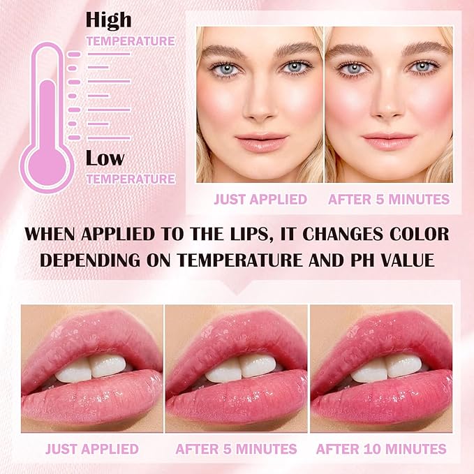 Color Changing Blush,Glitter Color Changing Blusher for Cheeks,Waterproof Lightweight Ph Blush Glossy Makeup,Moisturizing Long Lasting Multi Use Shiny Cheek Face Blush Gel for Women-Velvo Beauty