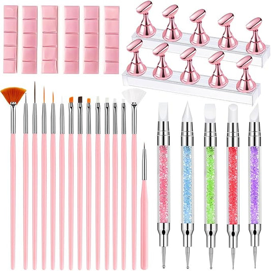 Nail Art Tools,Nail Art Brush,2 sets Nail Stand,5 PCS Dual Tipped Nail Dotting Tool and Sculpture Pen, Acrylic Silicone Nail Pen, Nail Design Tools-Velvo Beauty