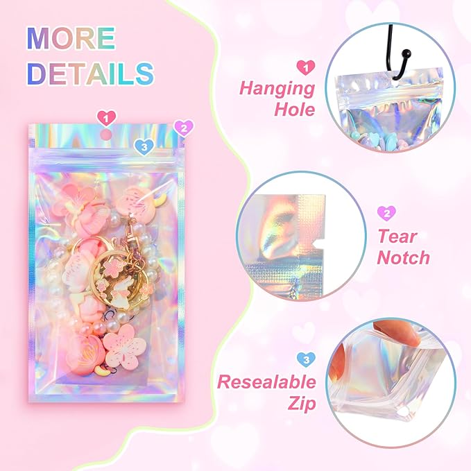 ANZNKU 100 Pack Mylar Bags Reasealable Holographic Bags, Smell Proof Bag Zipper Pouches with Clear Window, Jewelry Candy Sealable Bag for Packaging Sample Party Favor (3 x 4.7 Inch)-Velvo Beauty
