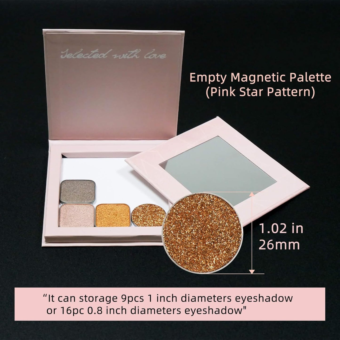 Pink Magnetic Refillable Makeup Palette with Mirror – Lightweight, Durable, Travel-Ready Case for Eyeshadow, Blush, Lipstick – Includes Spatula & 20 Stickers – Small, Waterproof Paperboard-Velvo Beauty