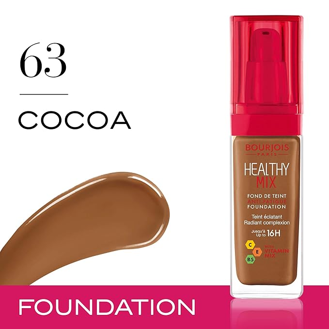 Bourjois Healthy Mix Anti-Fatigue Medium coverage Liquid Foundation 63 Cocoa, 30ml-Velvo Beauty
