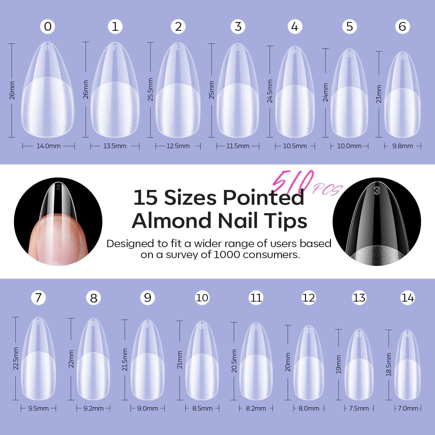 Modelones Pointed Almond Fake Nail Tips - 510Pcs Medium Gel Tips Pre-shaped Half Matte Full Cover Clear Acrylic Gel Kit False Press on Nails for Extension DIY Salon 15Sizes-Velvo Beauty