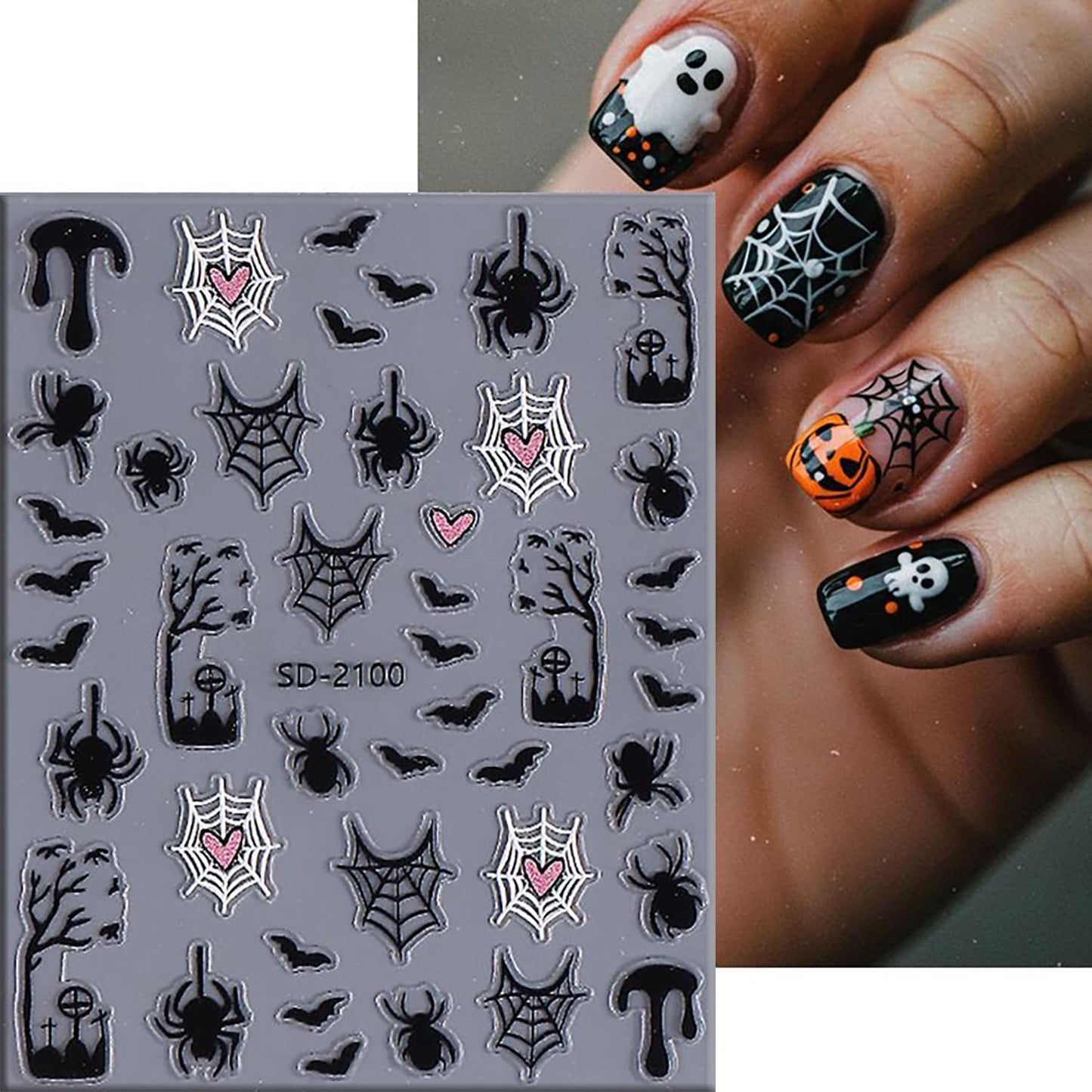6 Sheets Halloween Nail Art Stickers 3D Self -Adhesive Ghost Bat Spider Nail Decals Holographic Spider Web Skeleton Blood Drop Nail Stickers Halloween Nail Decoration for Women Manicure Supplies-Velvo Beauty