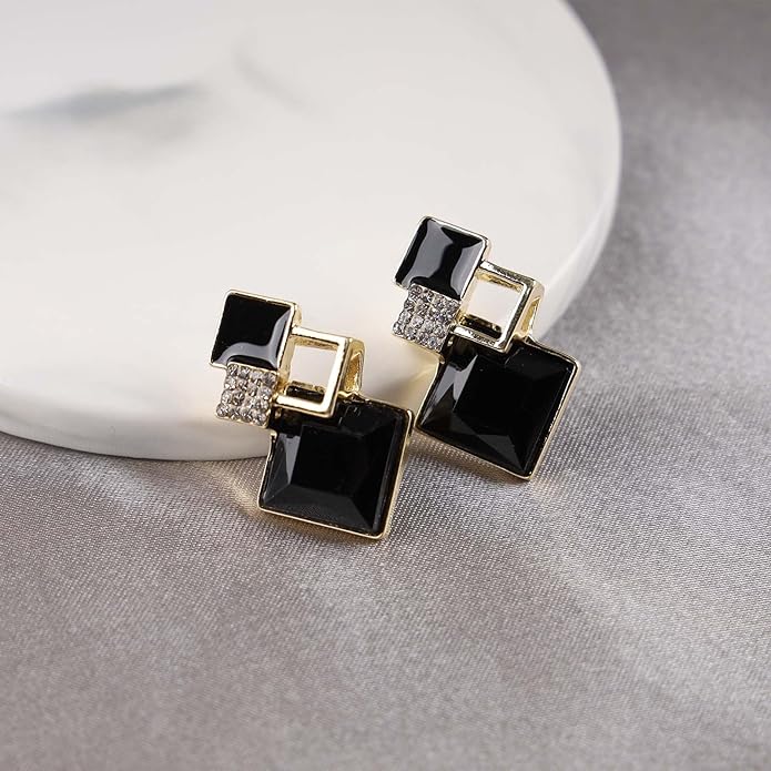 Vintage Crystal Square Drop Earrings Black Square Stud Earrings Gold Hollow Square Dangle Earrings Black Onyx Square Earrings Jewelry for Women-Velvo Beauty