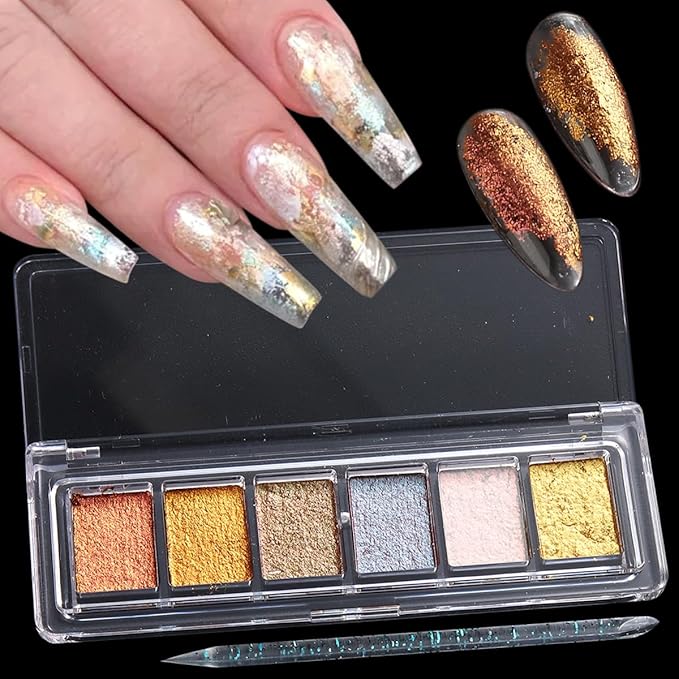 Metallic Nail Art Glitter Set, 6 Colors Gold Flakes for Nails, Mud Texture, Gold Leaf Chameleon Chrome Flakes, Golden Foils Nail Art Decoration, Professional Manicure Supplies-Velvo Beauty