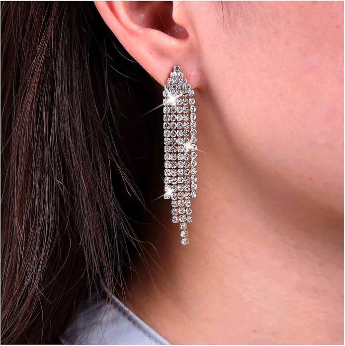 Vintage Rhinestone Chandelier Tassel Earrings Crystal Chain Drop Earrings Gold Long Tennis Chain Earrings Shine Chandelier Bridal Earrings Jewelry for Women-Velvo Beauty