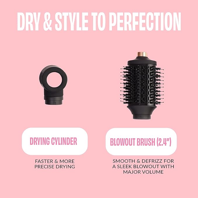 FoxyBae Super Styler Pro Interchangeable 5 in 1 Hair Styler Wand Curling Iron Set - w/Drying Cylinder, Ceramic Blowout & Round Brushes, 2 Auto-Wrap Curlers - Frizz-Free, Smooth Hair [Black Rose-Gold]-Velvo Beauty