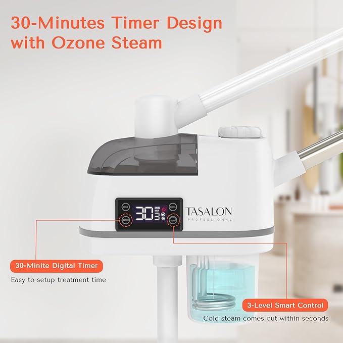 TASALON 2 in 1 Professional Facial Steamer on Wheels -with Ozone and Hot & Cold Mist, Ionic Facial Steamer Kit for Facial Deep Cleaning and Moisturize, SPA & Home, Ozone Face Humidifier (White)-Velvo Beauty