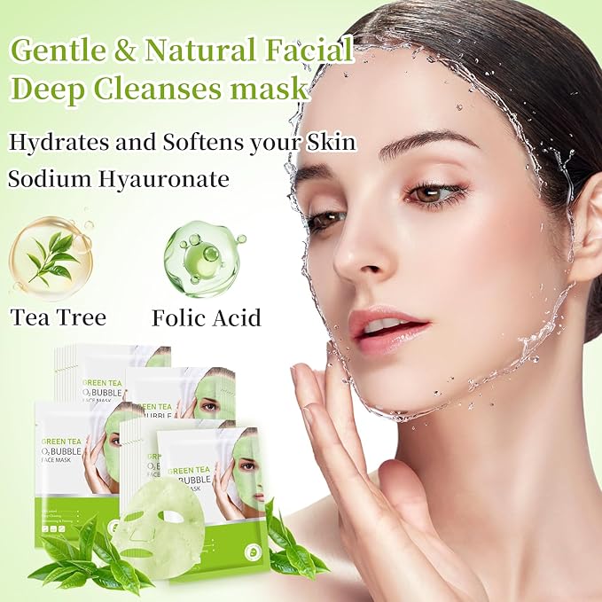 10 Sheets Face Masks Skincare O2 Bubble Green Tea Face Mask, Cleaner Bubble Sheet Masks Foaming Purifying Facial Mask for Pores, Moisturizing Spa Face Masks Skin Care For All Skin Type-Velvo Beauty