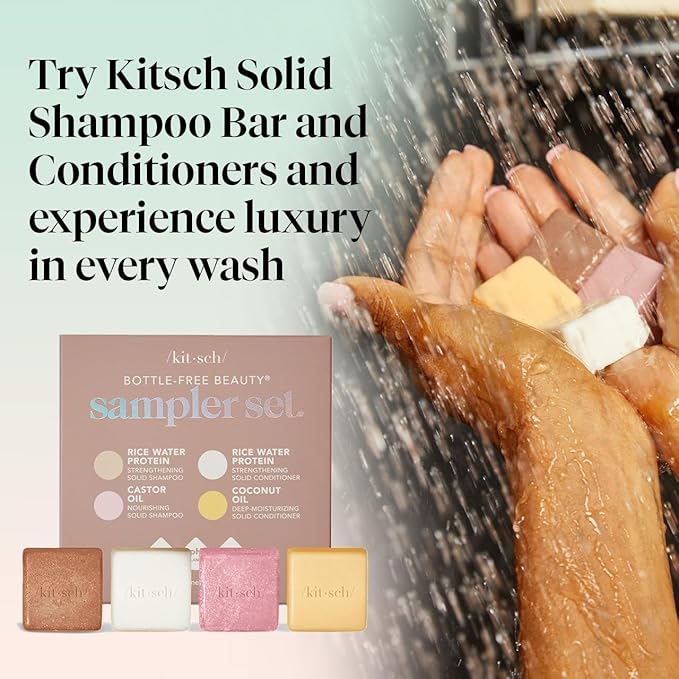 Kitsch Shampoo and Conditioner Set - 4pc Sampler Bars with Rice Water Shampoo and Conditioner, Castor Oil Shampoo & Coconut Oil Conditioner - Bottle-Free Beauty for Hair Growth, Repair & Moisture-Velvo Beauty
