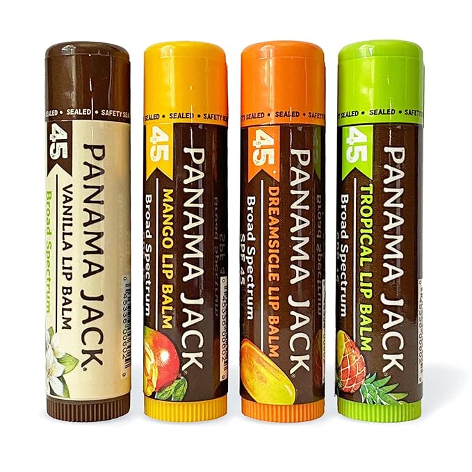 Panama Jack Sunscreen Lip Balm - SPF 45, Flavor Pack, Broad Spectrum UVA-UVB Sunscreen Protection, Prevents & Soothes Dry, Chapped Lips (Dreamsicle/Vanilla/Tropical/Mango)-Velvo Beauty
