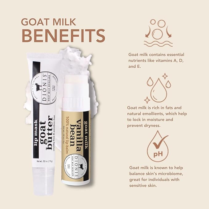 Dionis Goat Butter Overnight Lip Mask & Lip Balm Kit - Goat Milk, Jojoba & Moringa Oils Moisturize & Repair Chapped Lips Overnight while Lip Balm Keeps Moisture Locked In All Day, Vanilla Bean-Velvo Beauty