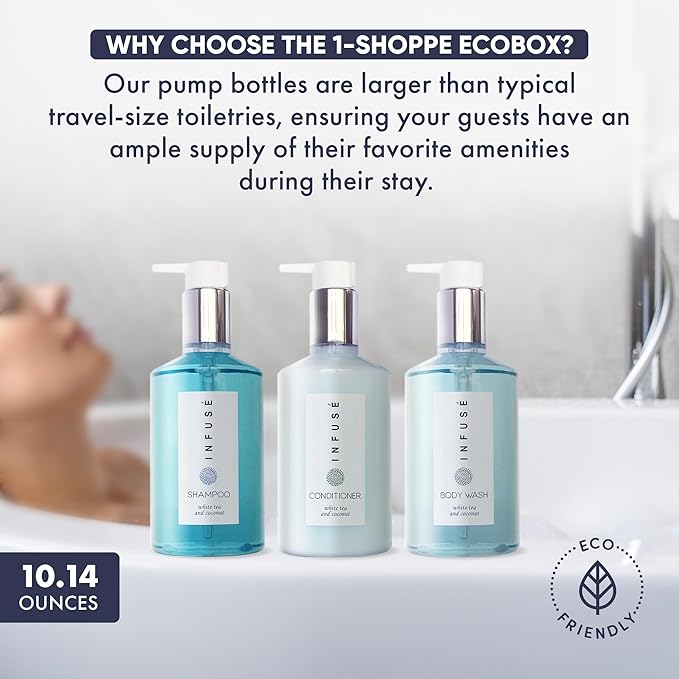 1-Shoppe Infuse 40 Piece Ecobox All-In-Kit | White Tea and Coconut Soap | 12 Shampoo, 8 Conditioner, 12 Body Wash & 8 Lotion | 10oz Hotel Soaps and Toiletries Bulk | Personal Care Products-Velvo Beauty