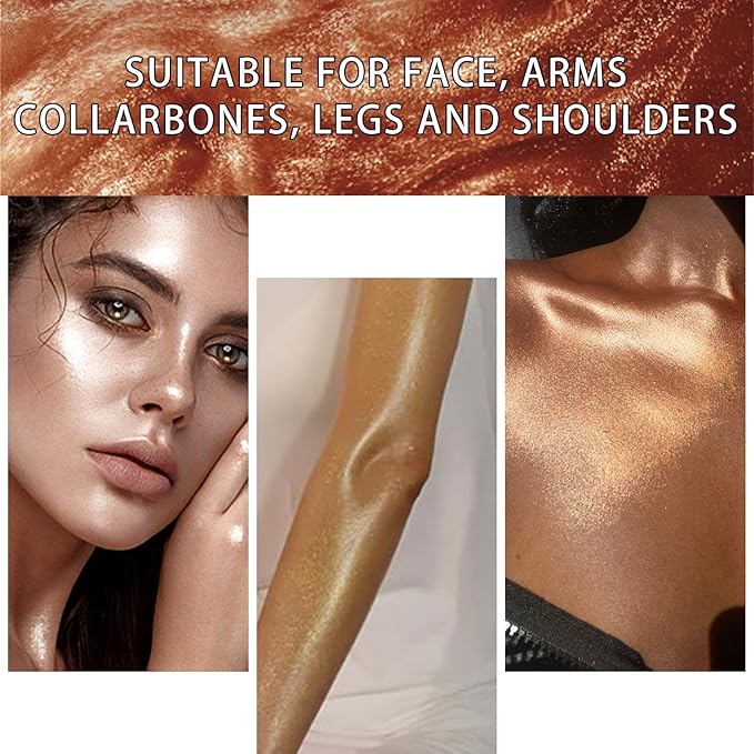 Shimmer Body Oil, Face and Body Liquid Luminizer Waterproof Moisturizing, Light Shimmer Glow Illuminator, Smooth Body Highlighter Makeup Liquid Body Shimmer (3# Bronze Gold)-Velvo Beauty
