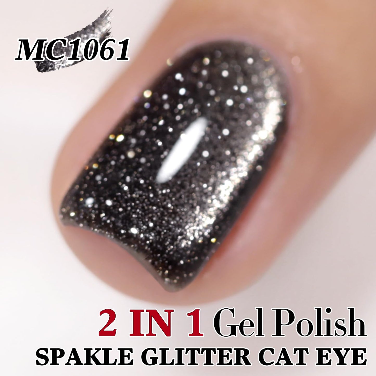 Double Rhythm Jelly Glass Cat Eye Gel Polish with Magnet 15ML Holographic Glitter Shimmer Translucent Sheer Color Magnetic Nail Polish Salon DIY at Home (Black Glitter-MC1061)-Velvo Beauty