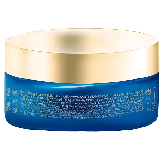 Premier Dead Sea Aromatic Body Butter – Milk & Honey, Hydrating Shea Body Butter for Women & Men, Moisturizing, Firming & Anti-Aging Cream for Dry Skin, Hand & Body, 5.95 Fl.oz-Velvo Beauty