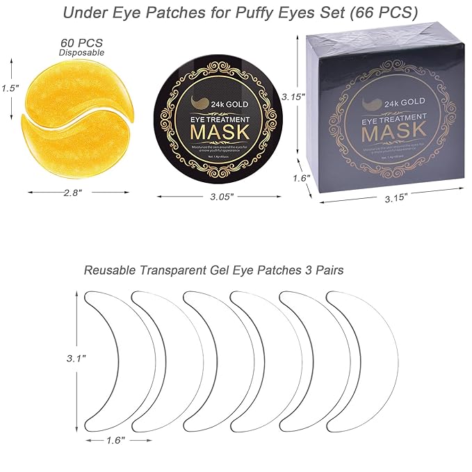 66PCS Under Eye Patches for Puffy Eyes 24K Gold Natural Hydrogel Collagen Eye Mask Reusable Silicone Gel Eye Anti Aging Pads for Reduce Fine Lines Wrinkles Eye Bags Transparent Gel Pack-Velvo Beauty