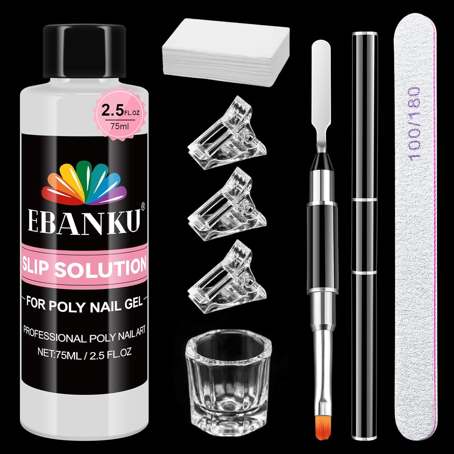 EBANKU Poly Gel Slip Solution for Nails - Anti-Stick Slip Solution for Builder Gel Nails, Brush Clean Liquid with Dual-Ended Nail Brush, 3PCS Nail Clips for Beginners & Home Salon, 2.5oz-Velvo Beauty