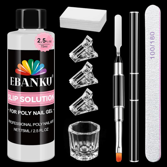 EBANKU Poly Gel Slip Solution for Nails - Anti-Stick Slip Solution for Builder Gel Nails, Brush Clean Liquid with Dual-Ended Nail Brush, 3PCS Nail Clips for Beginners & Home Salon, 2.5oz-Velvo Beauty