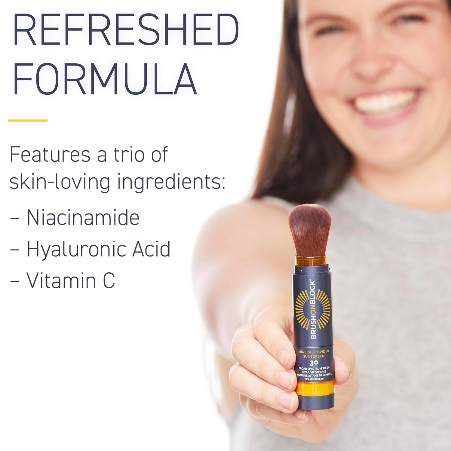 Brush On Block SPF 30 Mineral Powder Sunscreen New Formula, With Niacinamide, Hyaluronic Acid, & Vitamin C, Broad Spectrum, Water Resistant, Translucent, For All Skin Types, Reef Friendly, Mfg in USA-Velvo Beauty